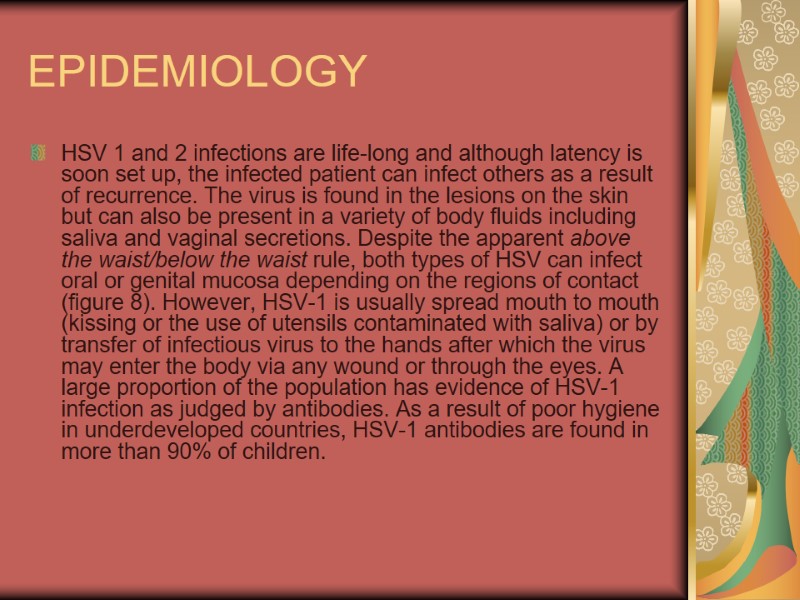 EPIDEMIOLOGY HSV 1 and 2 infections are life-long and although latency is soon set